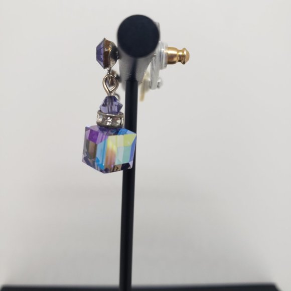 Purple & Clear Cube Dangle/Drop Stud Earrings - Picture 11 of 12